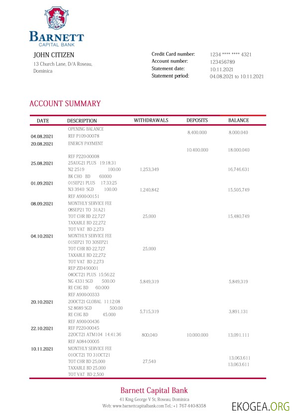 Modèle de relevé bancaire Dominica Barnett Capital au format Word et PDF
